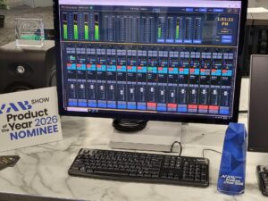 NAB 2026 Product of the Year Award shown on the table next to the VMX platform by Wheatstone